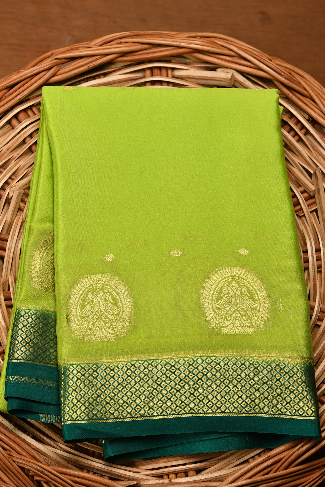  Peacock Motif Parrot Green Mysore Silk Saree 