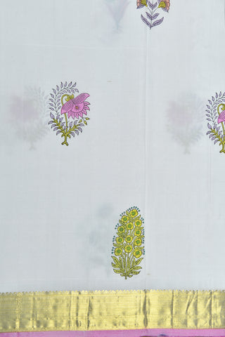 Paisley Floral Printed White Kanchipuram Printed Silk Saree