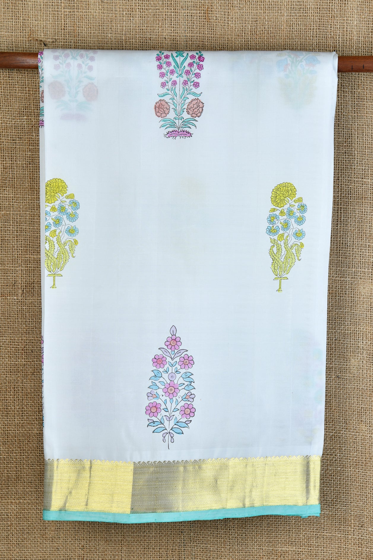  Paisley Floral Printed White Kanchipuram Silk Saree 