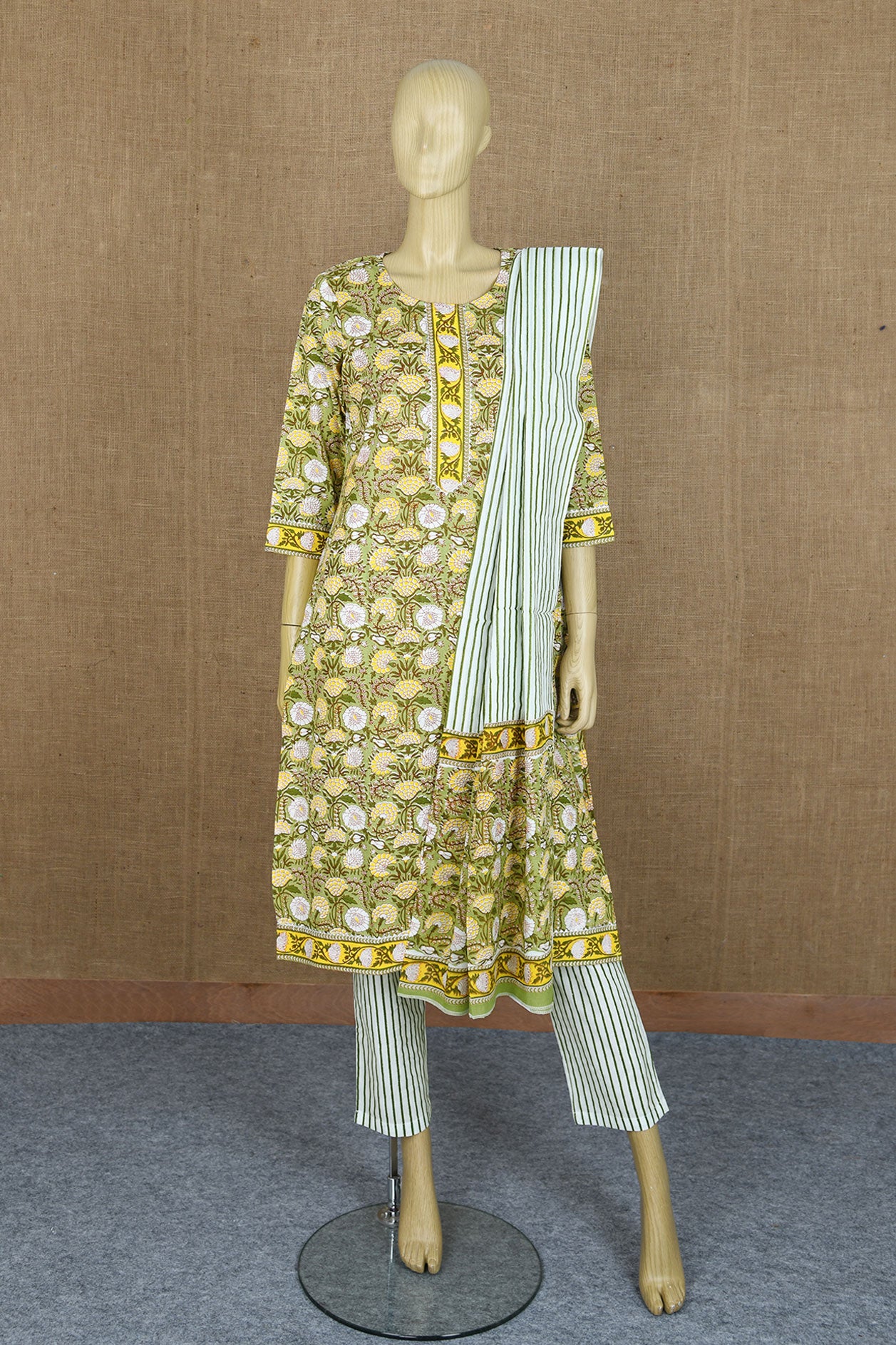  U-Neck Placket Floral Printed Sage Green Cotton Salwar Set 