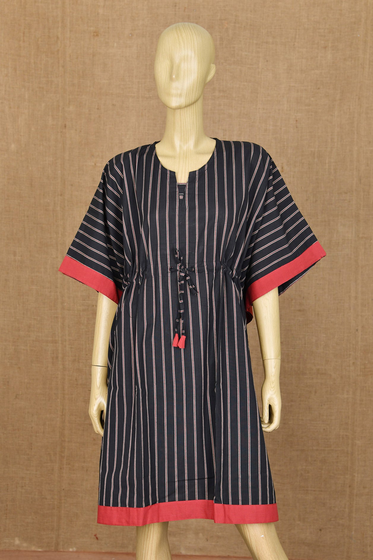  U-Neck Monochrome Stripes Black Cotton Short Kaftans 