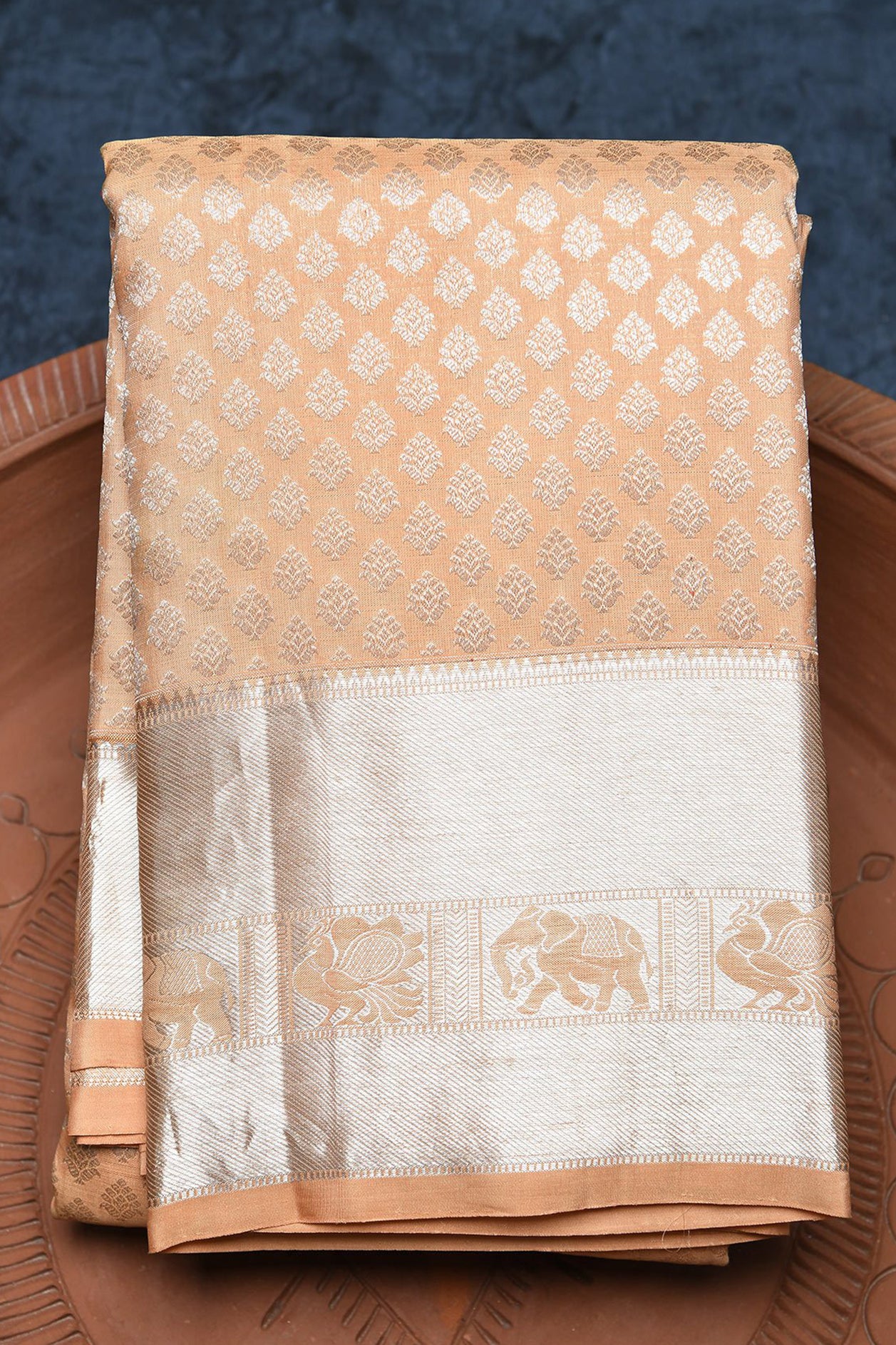  Silver Zari Elephant And Peacock Border With Brocade Peach Orange Kanchipuram Silk Saree 