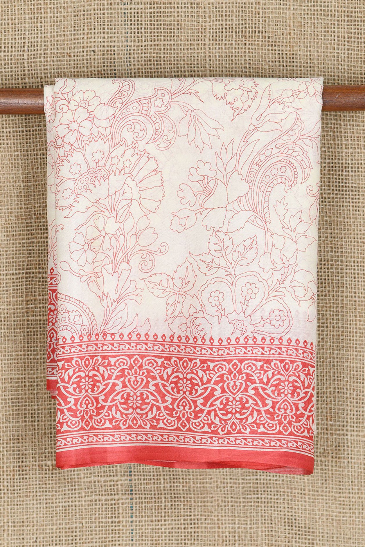  Allover Design Digital Printed Cream And Red Printed Silk Saree 