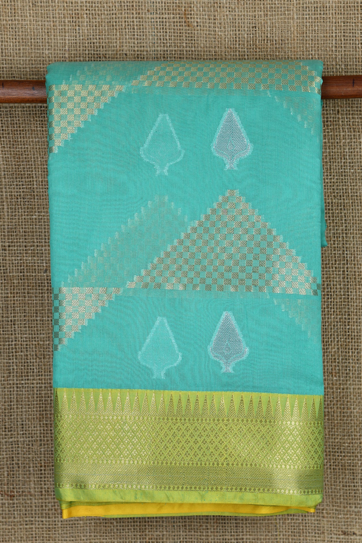  Temple Border Turquoise Green Semi Banaras Saree 