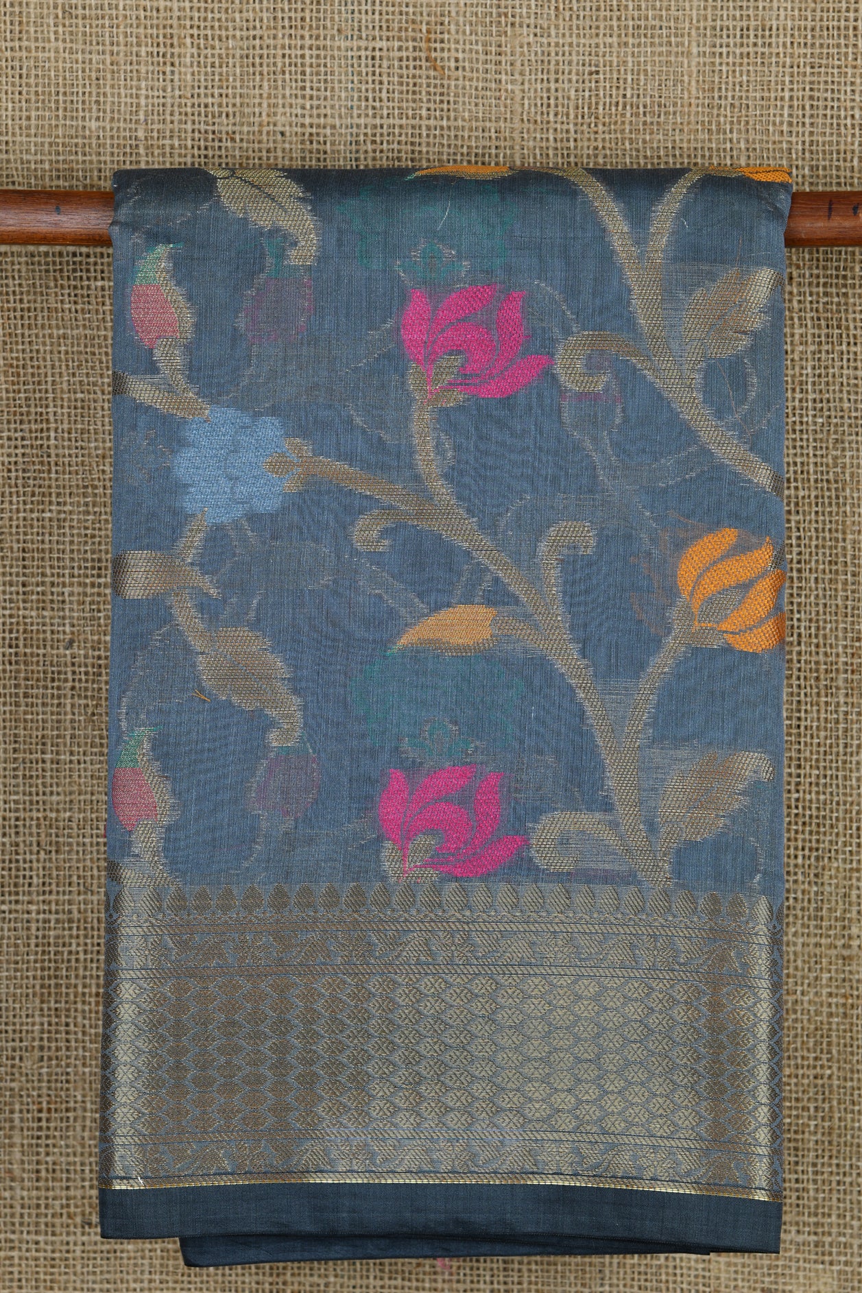  Floral Design Stone Blue Semi Banaras Saree 