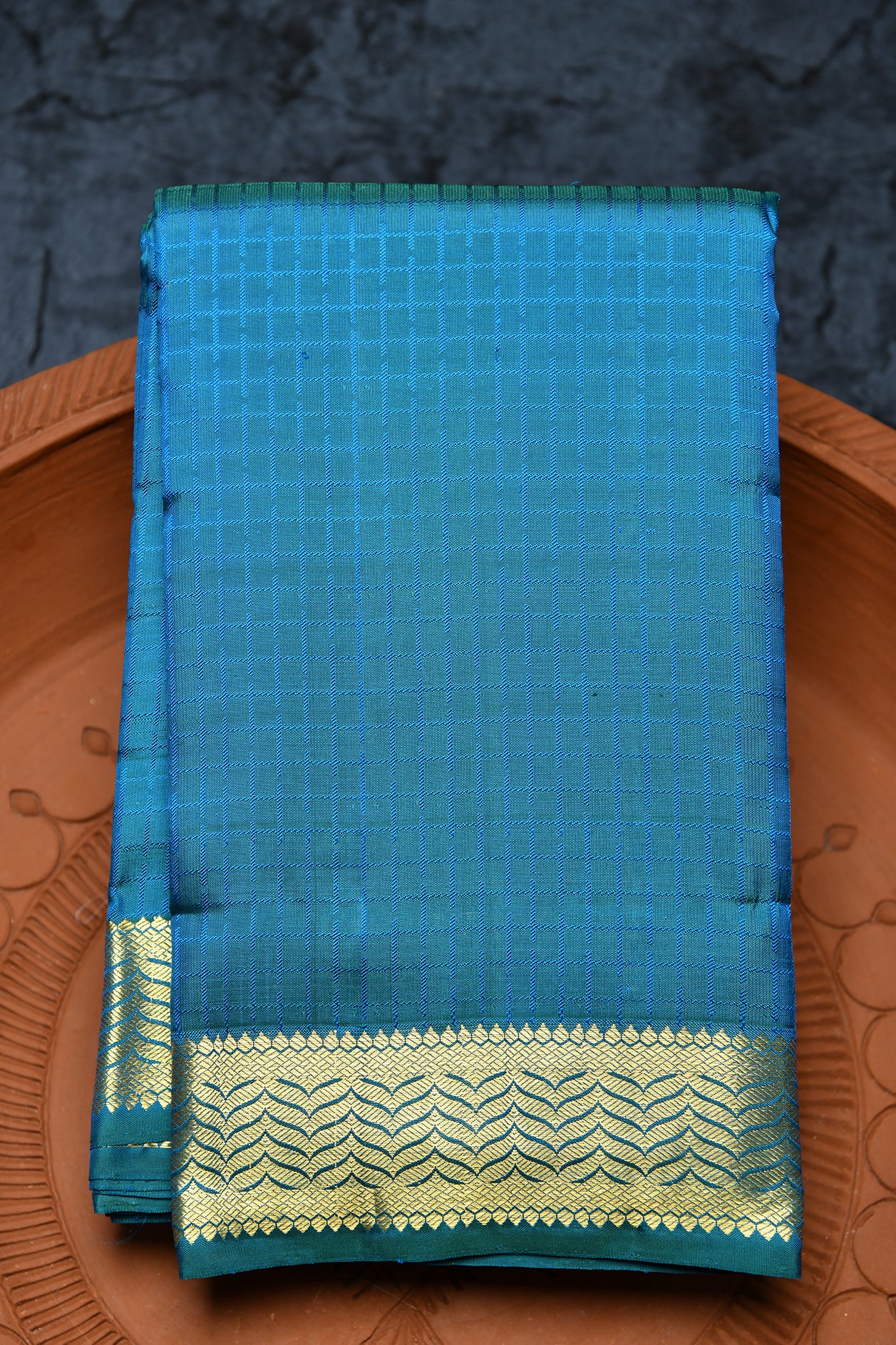  Chevron Border With Thread Work Checks Teal Blue Kanchipuram Silk Saree 