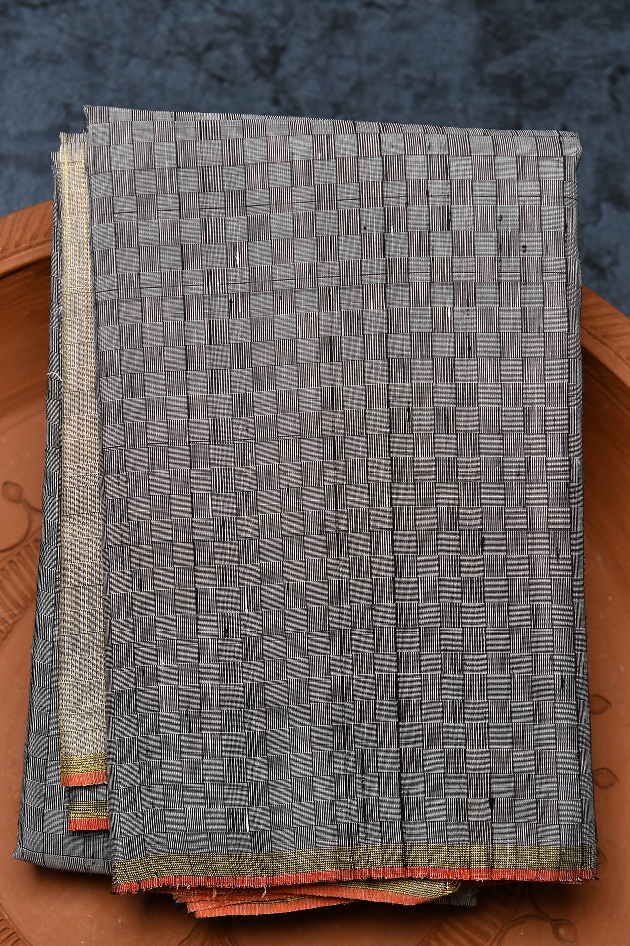  Thread Work Checks Grey And Black Kanchipuram Silk Saree 