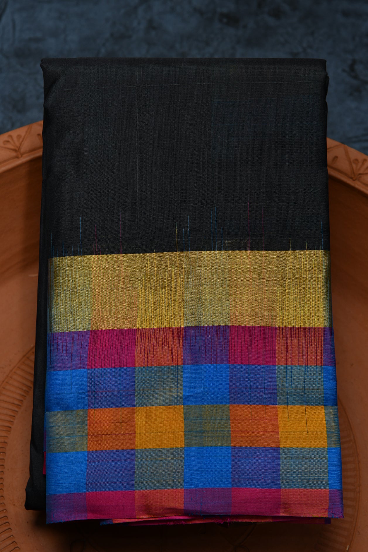  Multicolor Checks Border Black Kanchipuram Silk Saree 