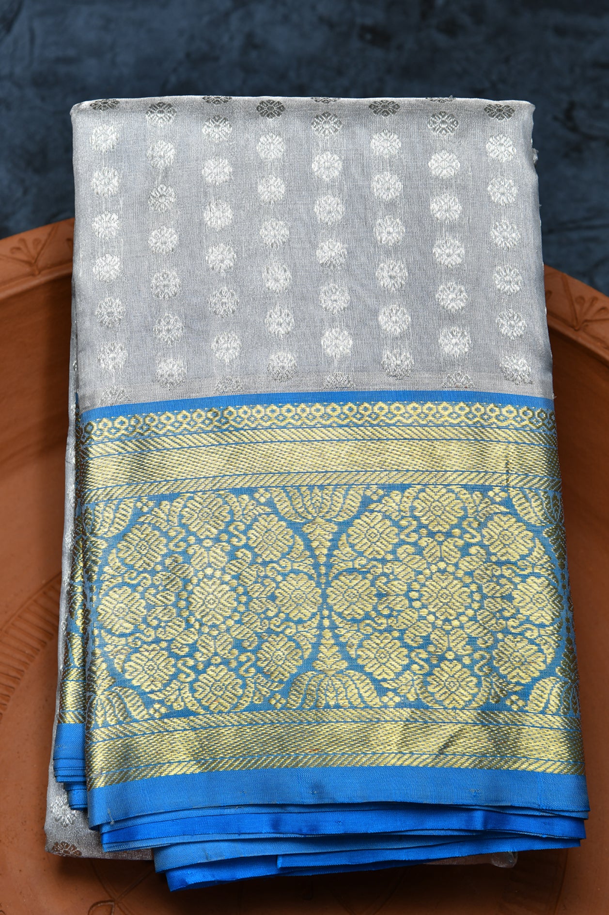  Floral Border Design Grey Kanchipuram Silk Saree 