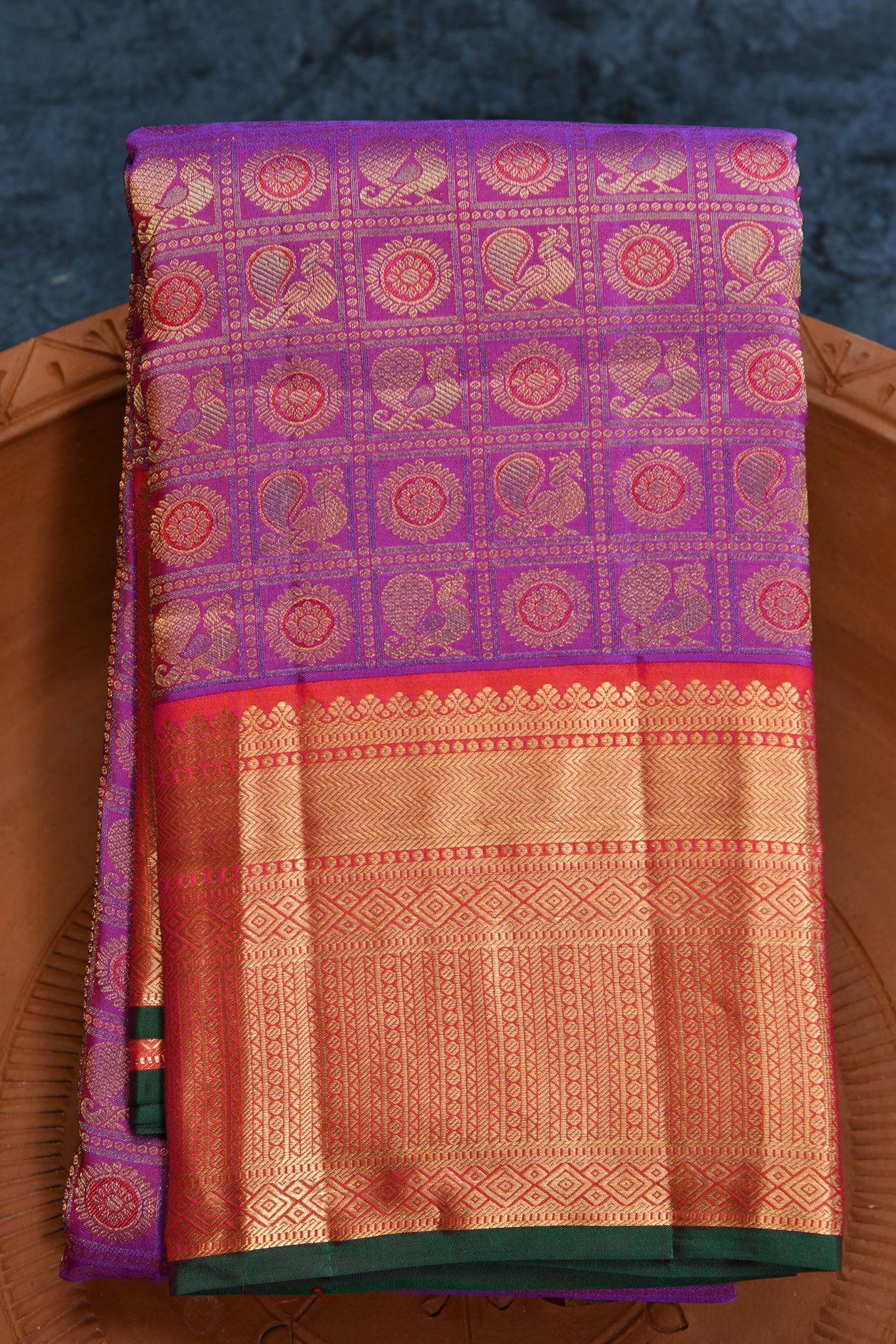  Checked Peacock Design Purple Kanchipuram Silk Saree 