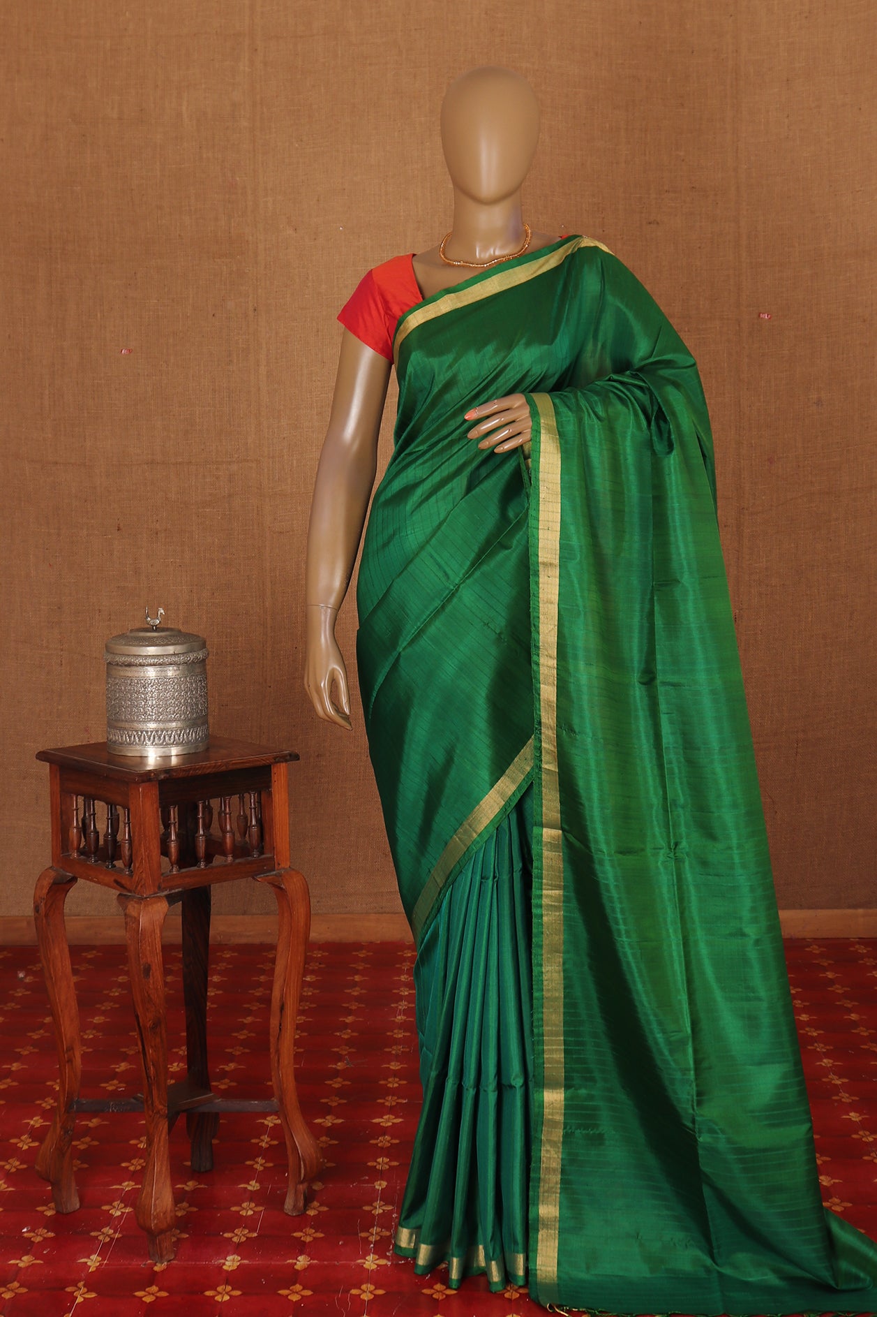  Striped Bottle Green Plain Silk Saree 