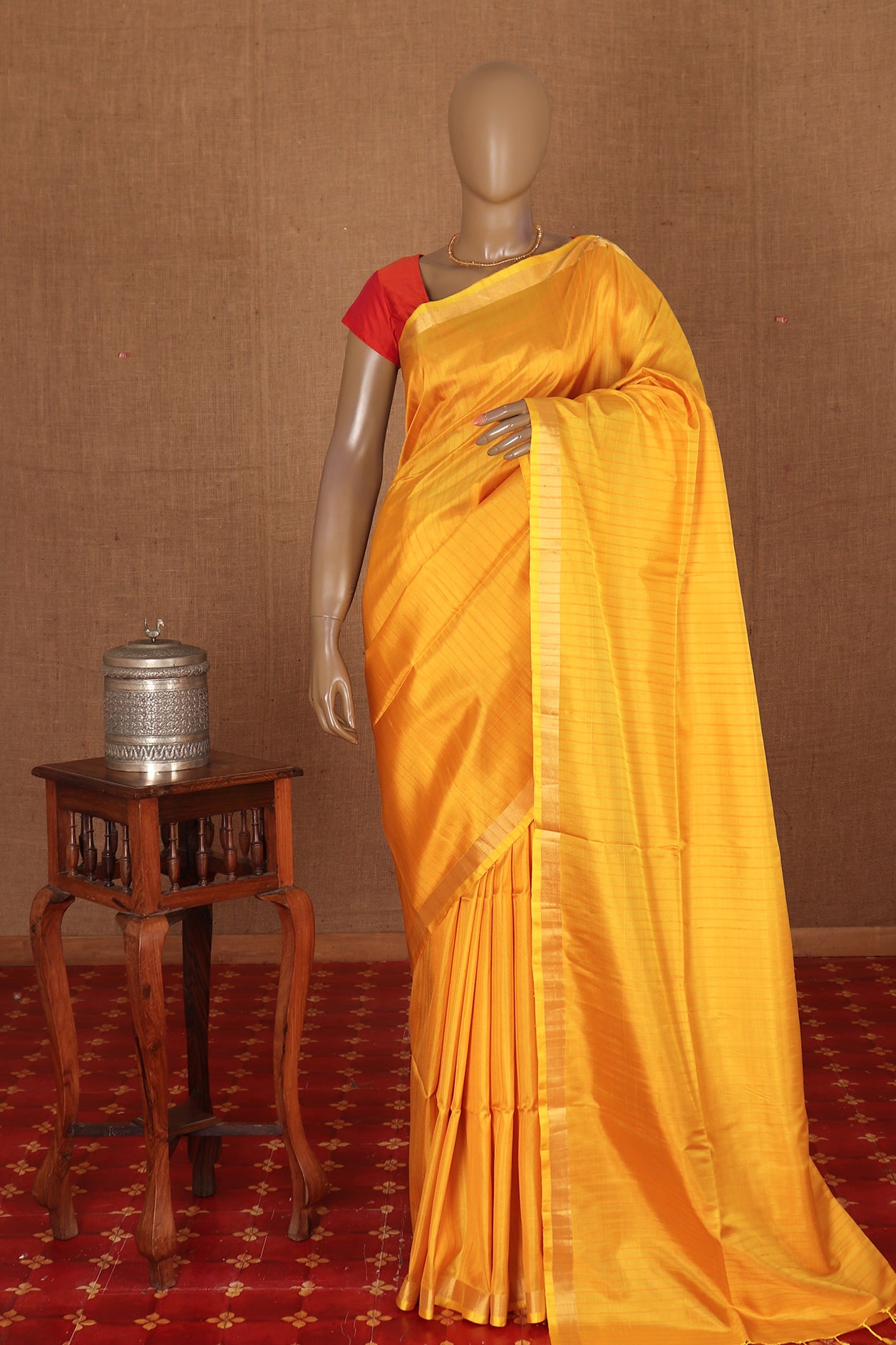  Striped Mustard Gold Plain Silk Saree 