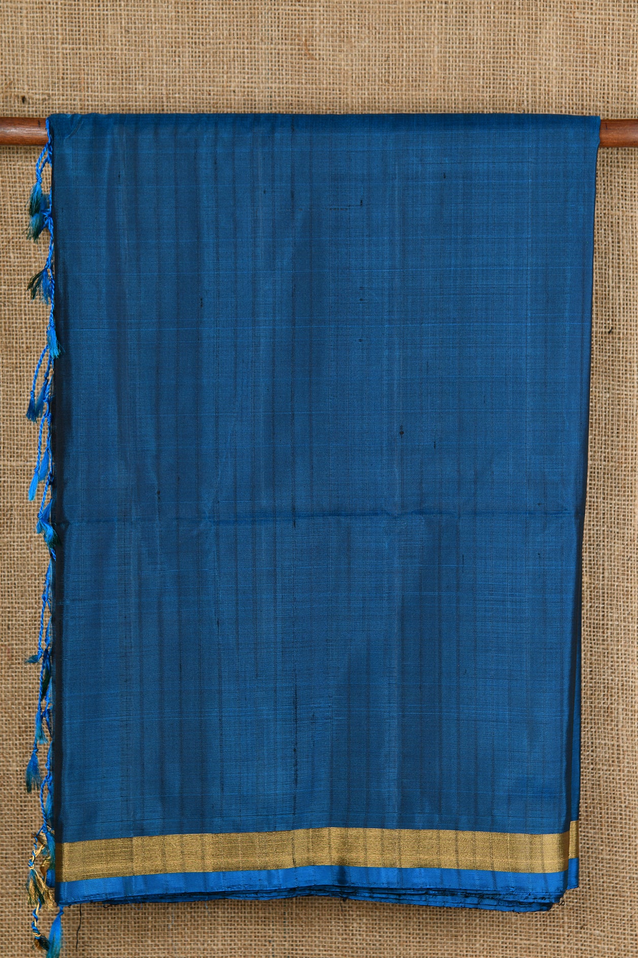  Stripes Prussian Blue Plain Silk Saree 