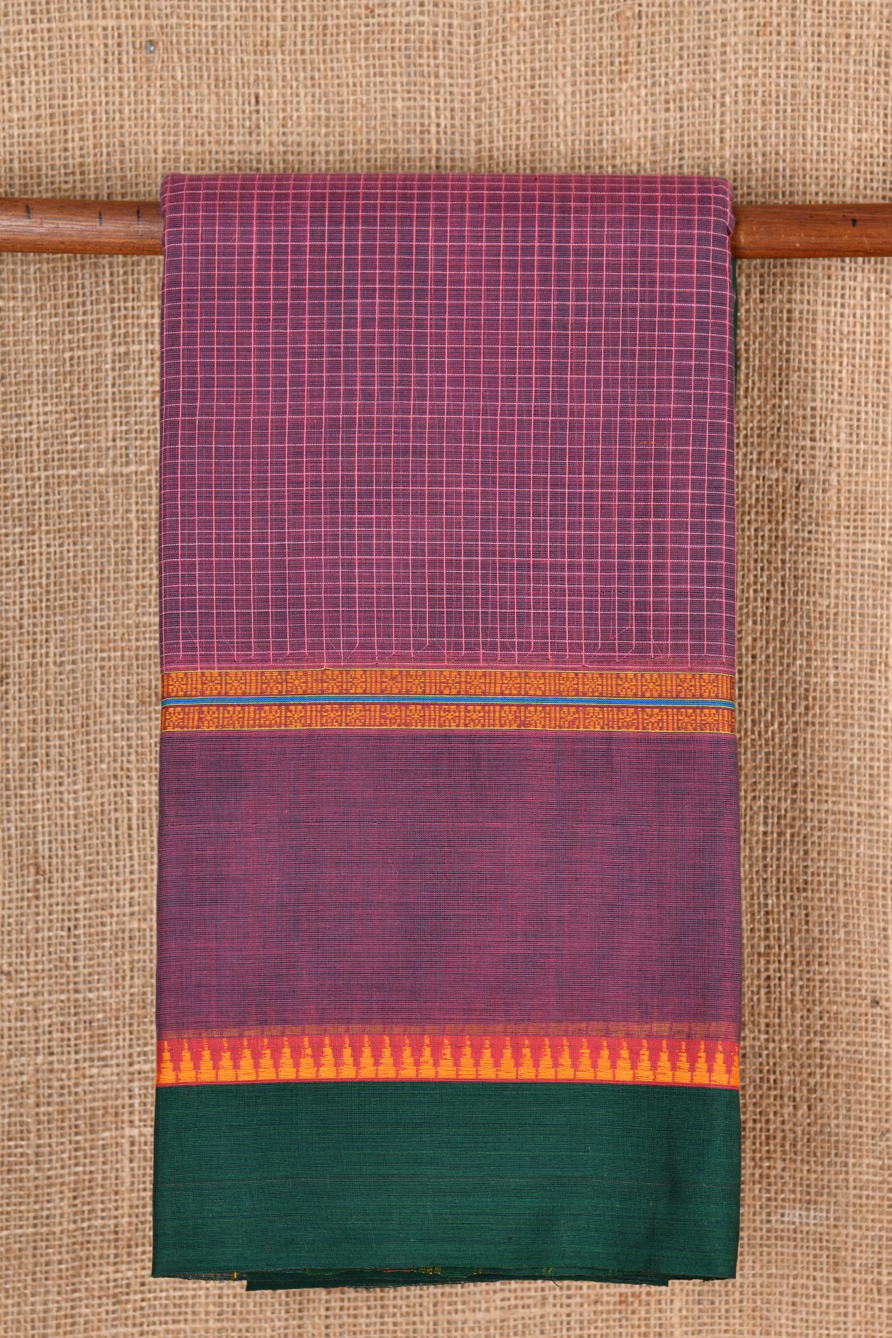  Temple Border Checked Dark Magenta Semi Gadwal Cotton Saree 