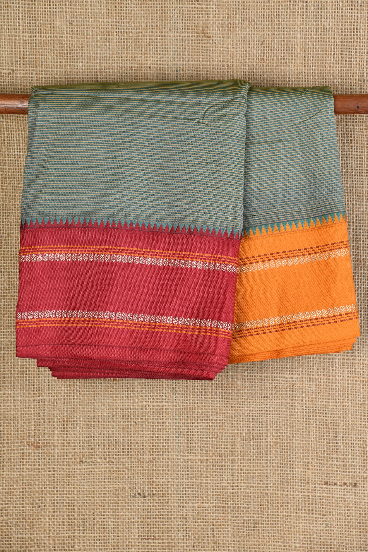  Temple Border Dusty Green Dharwad Cotton Saree 