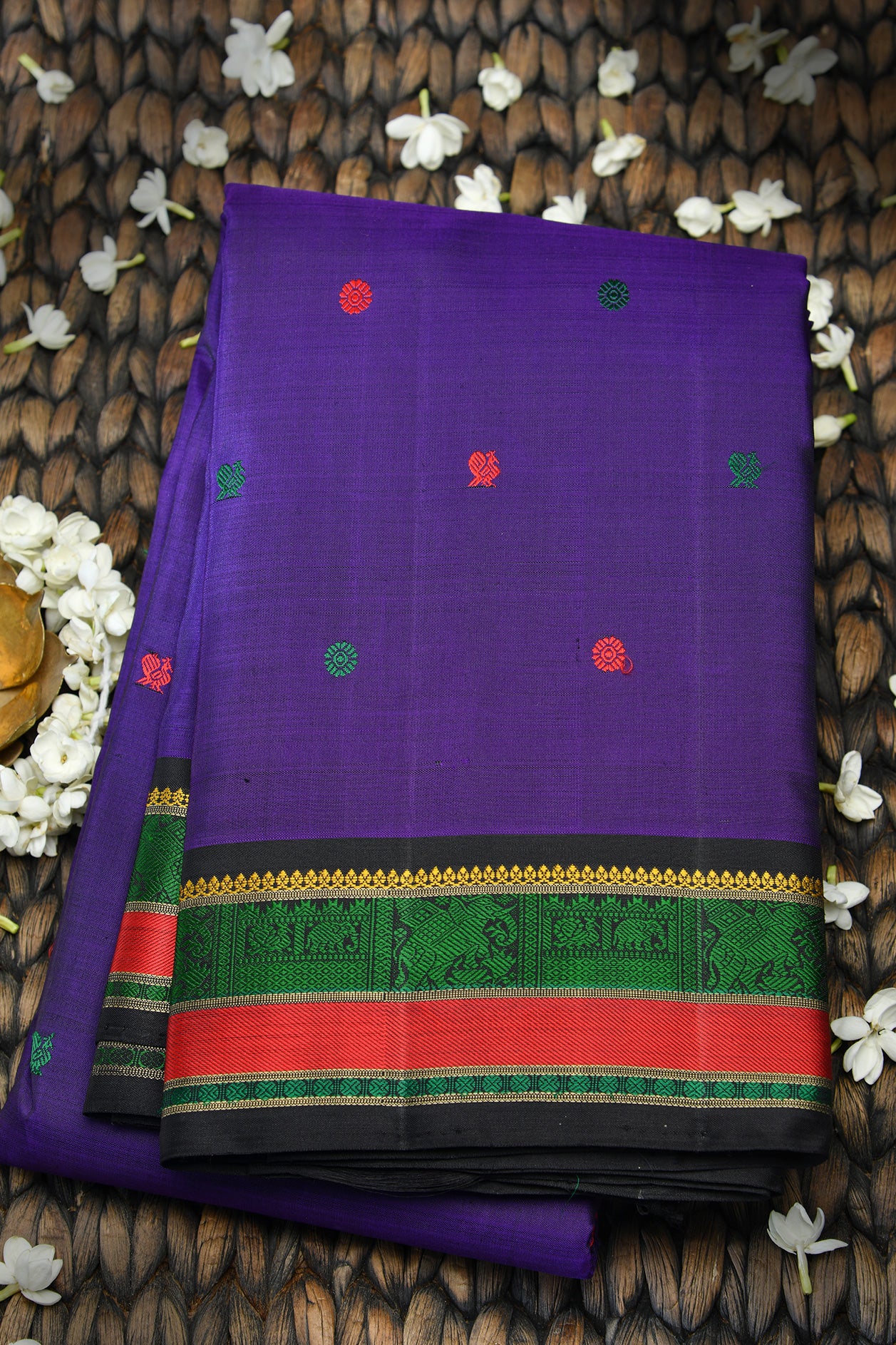  Thread Work Peacock Motif Blue Kanchipuram Silk Saree 