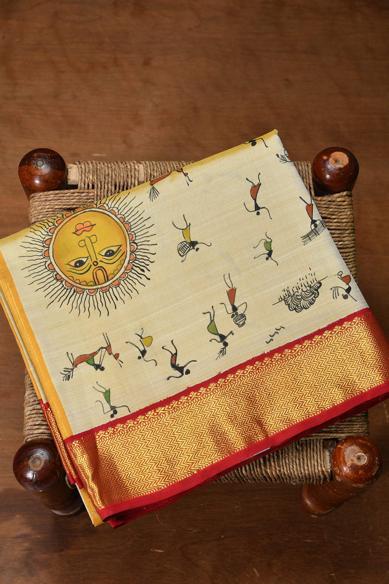  Warli Hand Painted Design Light Beige Kanchipuram Silk Saree 