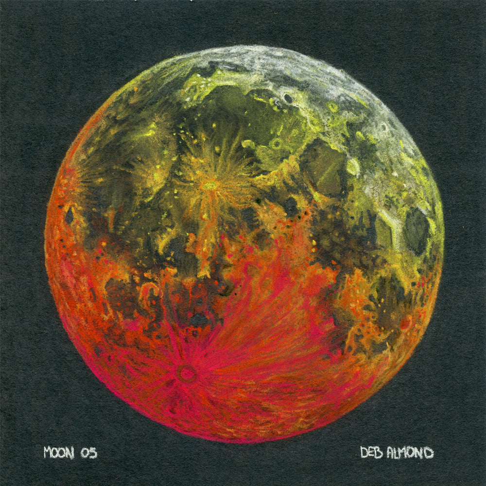 Chalk-pastel drawing of the moon in red, orange, yellow, and white on black paper.