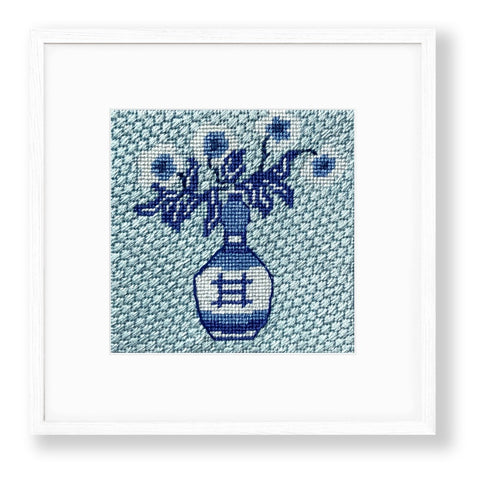 blue and white Magnolia Vase needlepoint kit with diagonal scotch background stitch