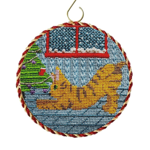 Cat Toys needlepoint ornament with French knots