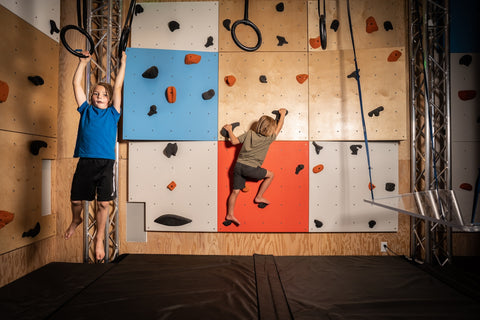 two kids playing on a home climbing wall