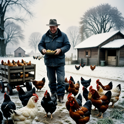 Happy farmer with chickens