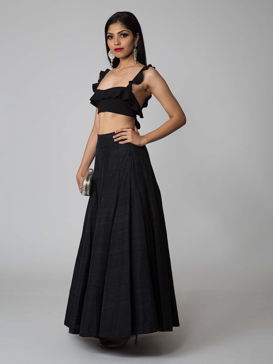 TCR Black Frill Crop Top With Raw Silk Puffy Skirt ...