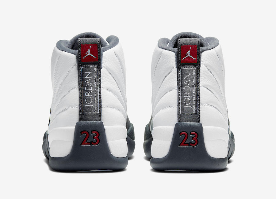 grey white and red jordan 12