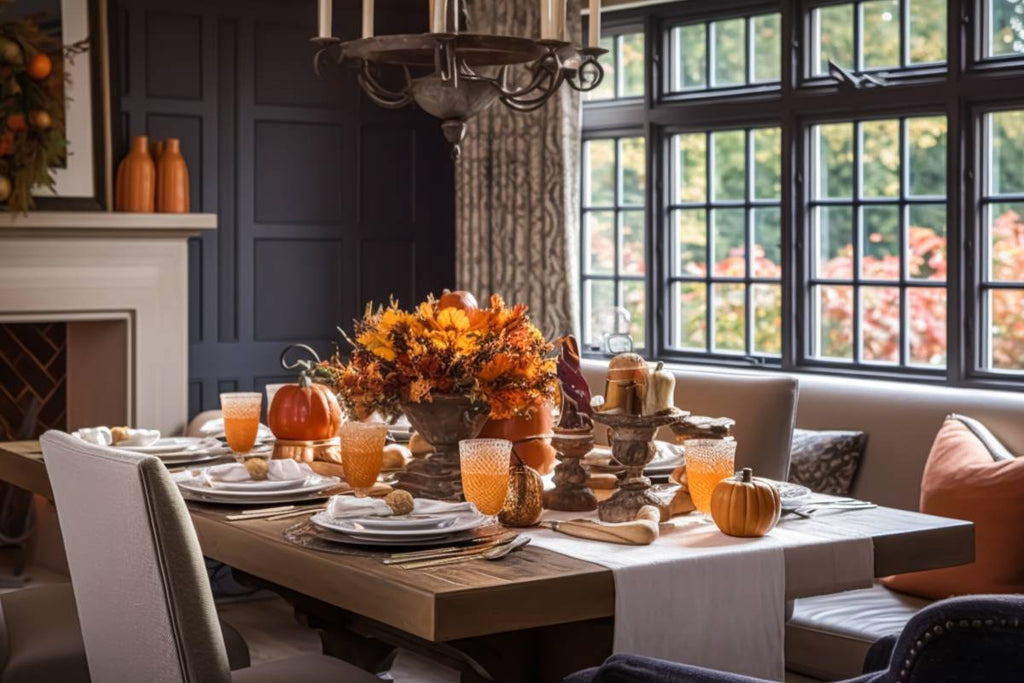 Home dining room decorated for the holidays with a table full of leaves and pumpkins