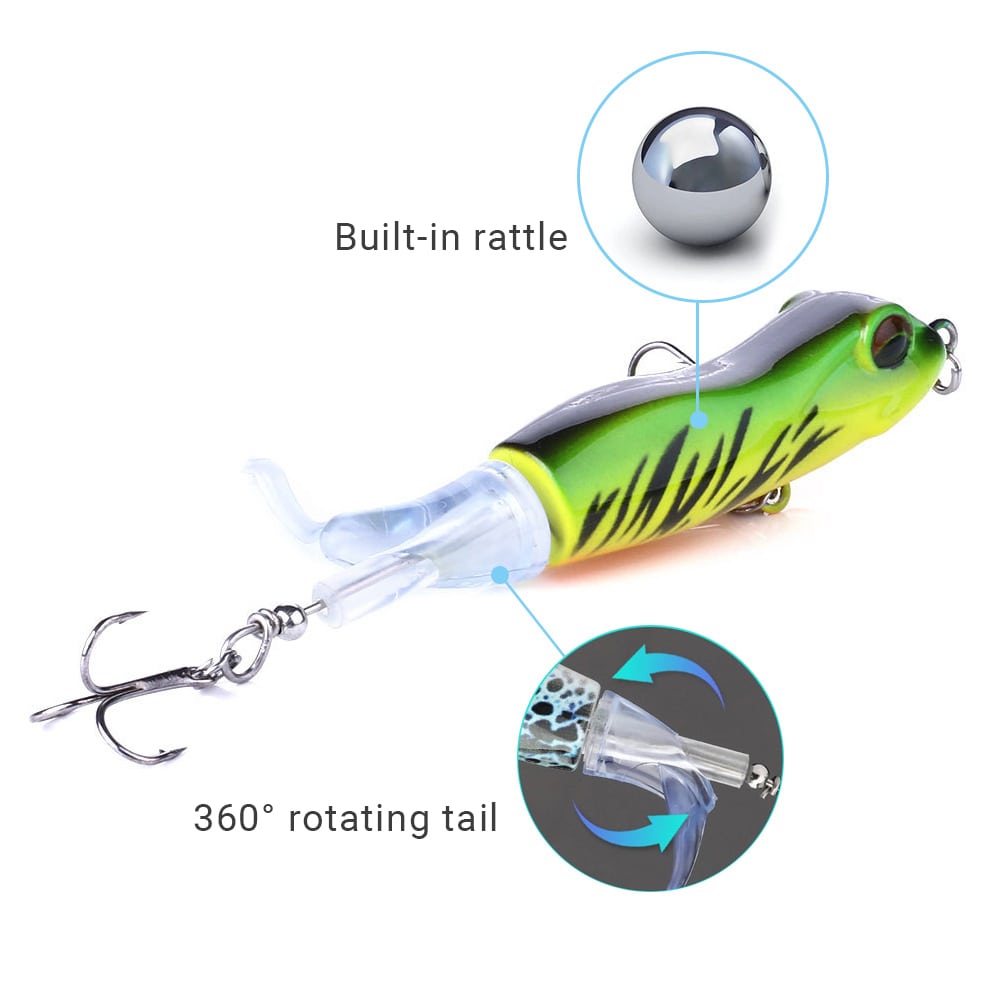 Propeller frog bait with built-in rattle and rotating tail
