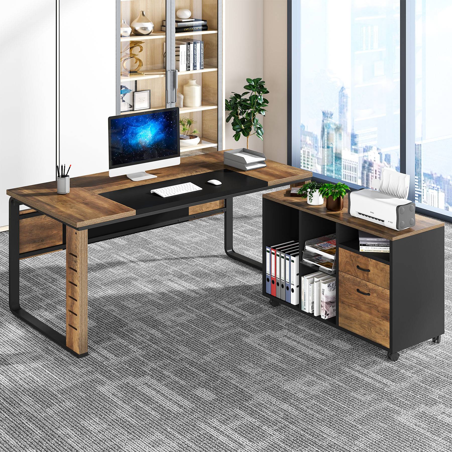 59" L-Shaped Executive Desk with File Cabinet