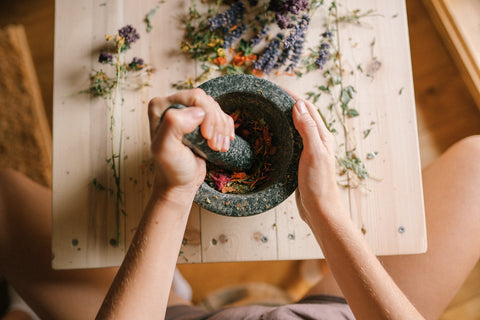 Ayurvedic herbs preparation for dyeing of cotton yarns for organic cotton Leela yoga rugs. 