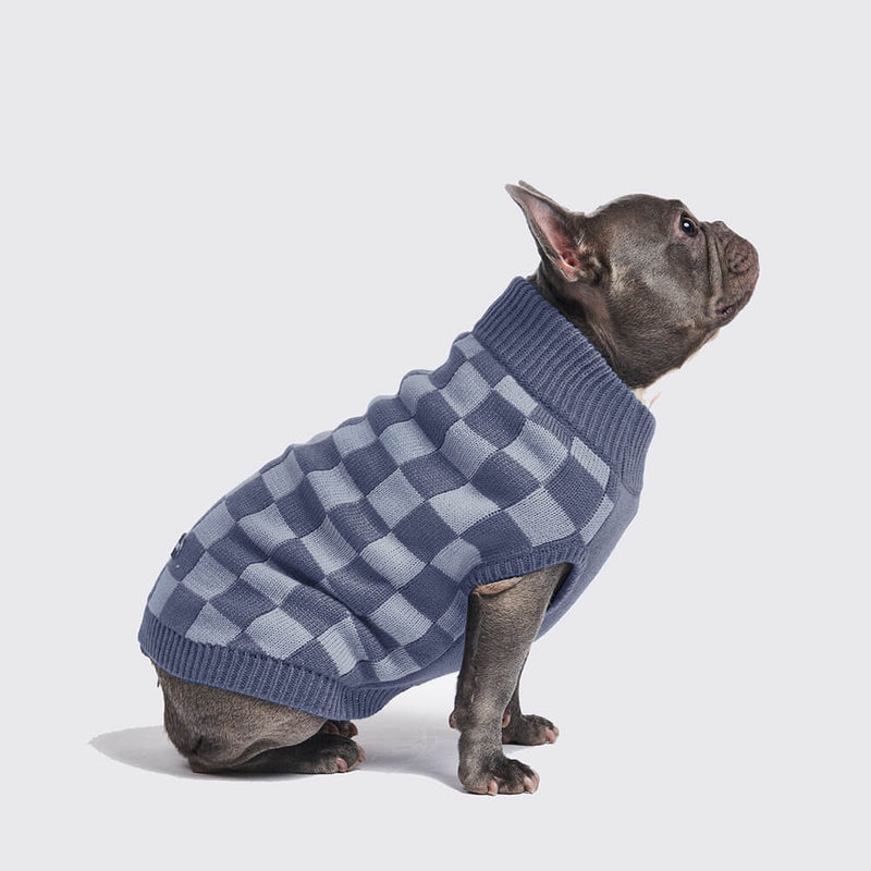 Navy Checkered Knit Dog Sweater