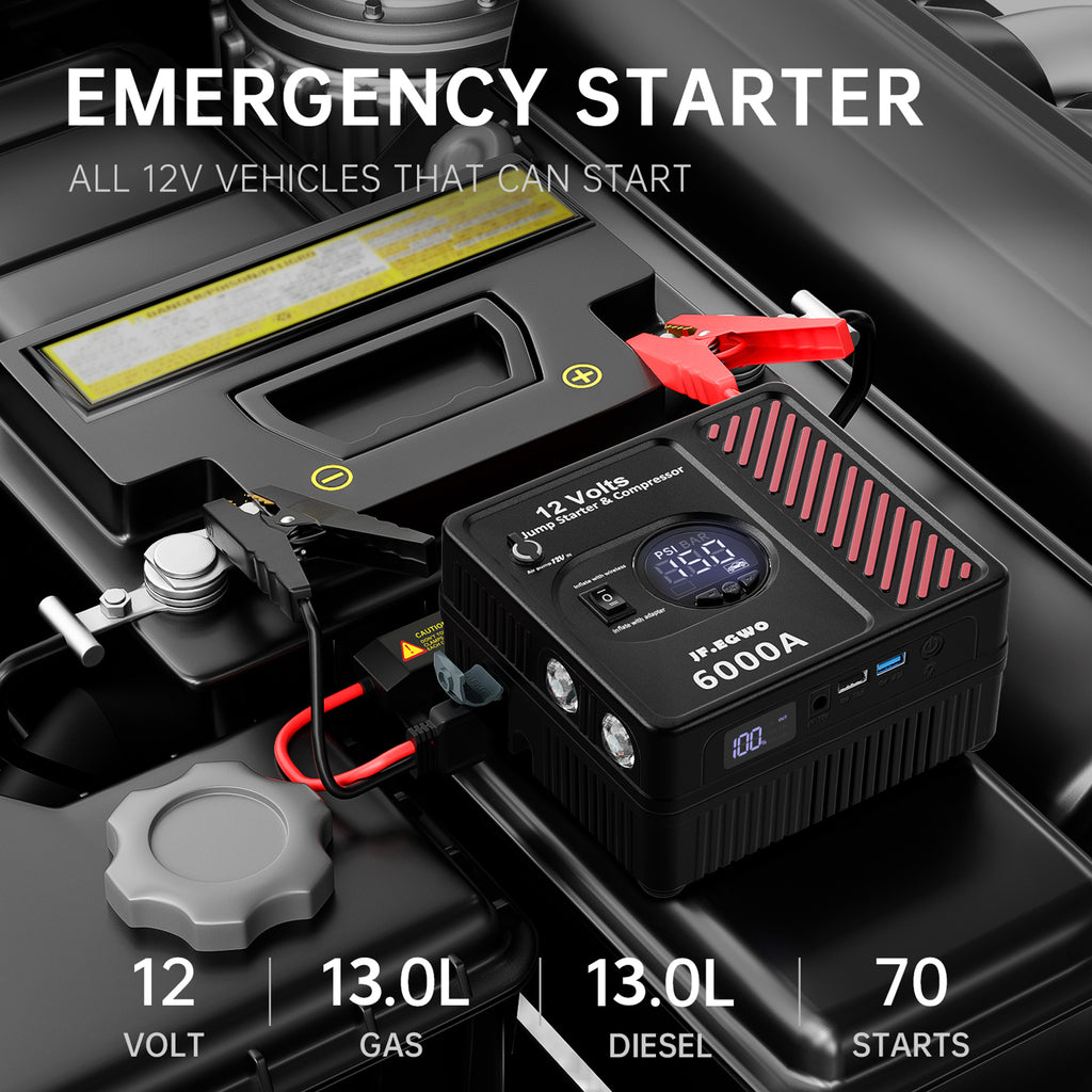 The JFEGWO 6000A Jump Starter with Air Compressor