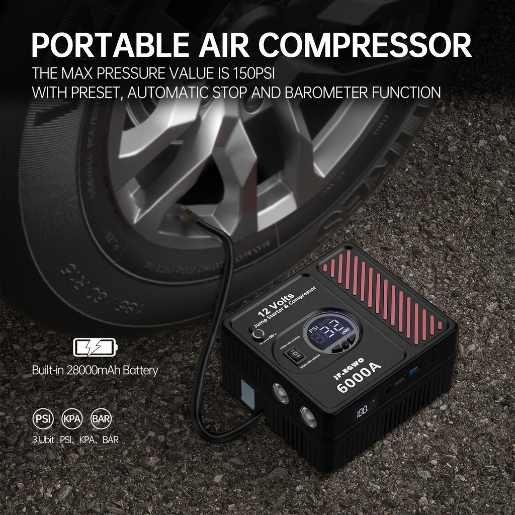 The JFEGWO 6000A Jump Starter with Air Compressor