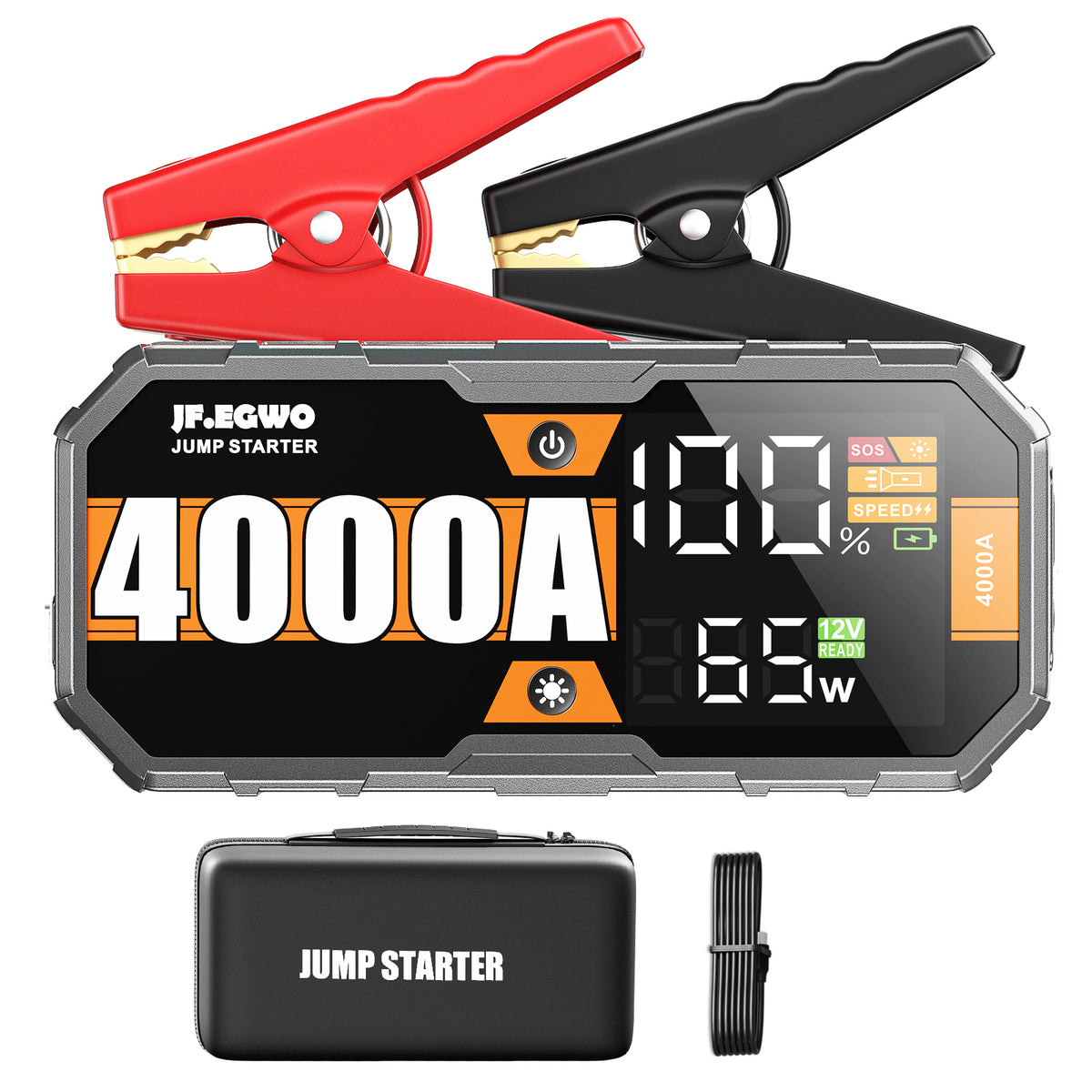 JFEGWO 4000A Jump Starter Bíll rafhlöðuhvatamaður 65W hraðhleðsla Samtals 230W Power Bank, Pro