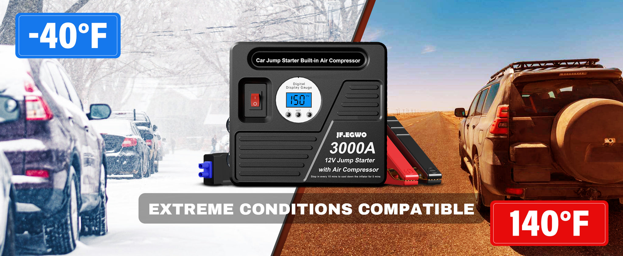 JFEGWO 3000A Jump Starter with Air Compressor Black