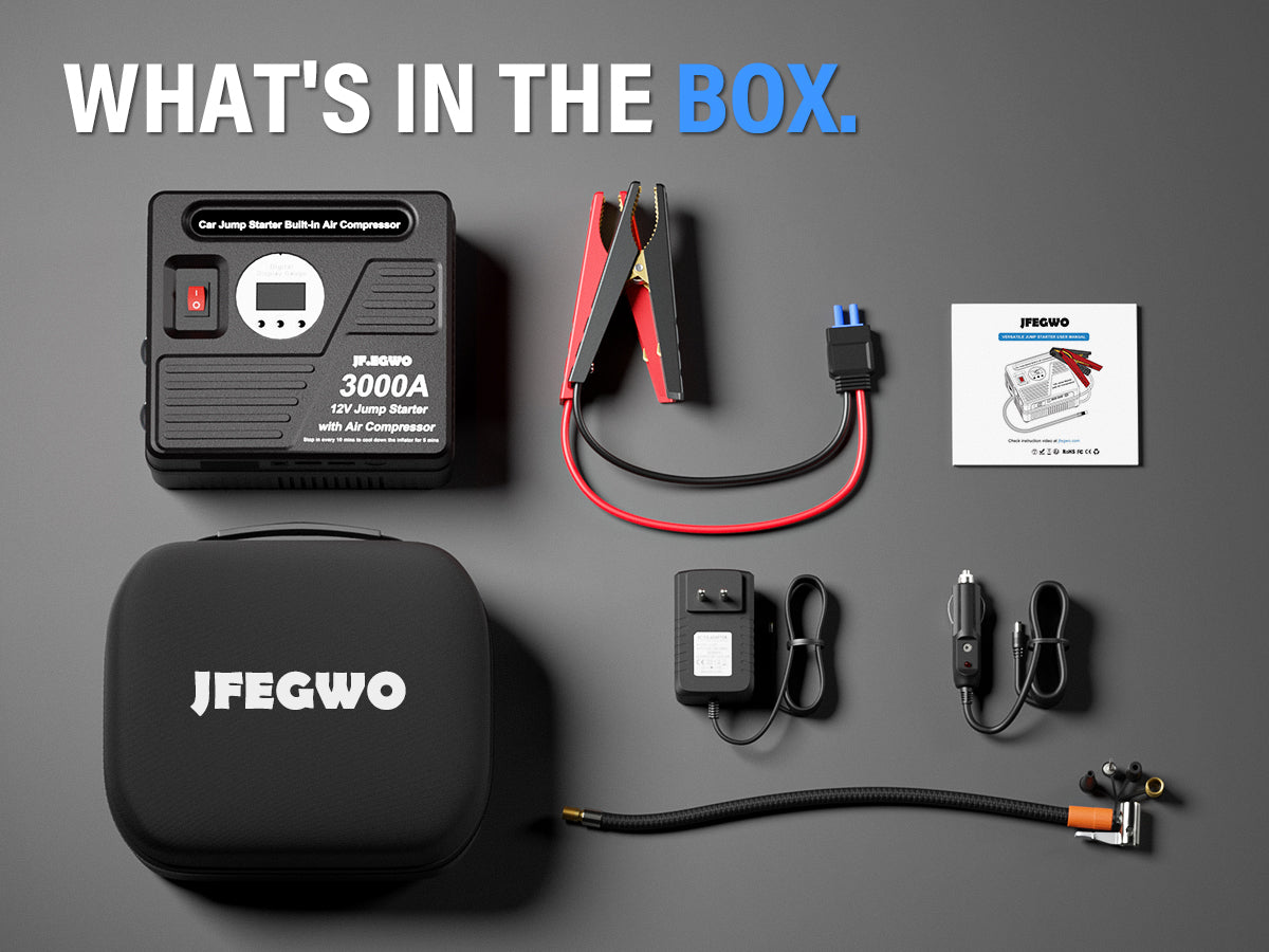 JFEGWO 3000A Jump Starter with Air Compressor Black