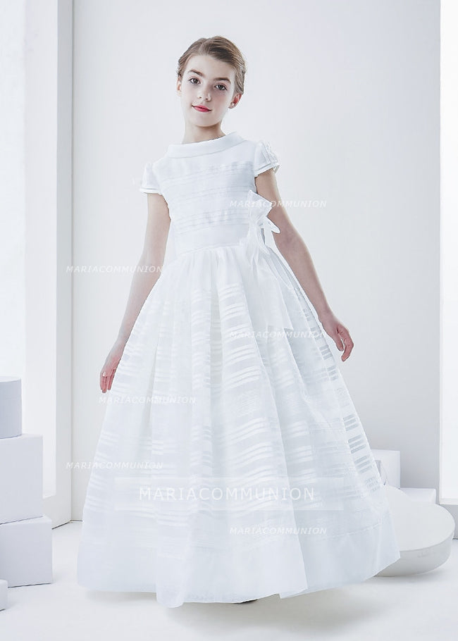 Cowl Neck Short Sleeve Long A-Line Organza First Communion Dress With ...