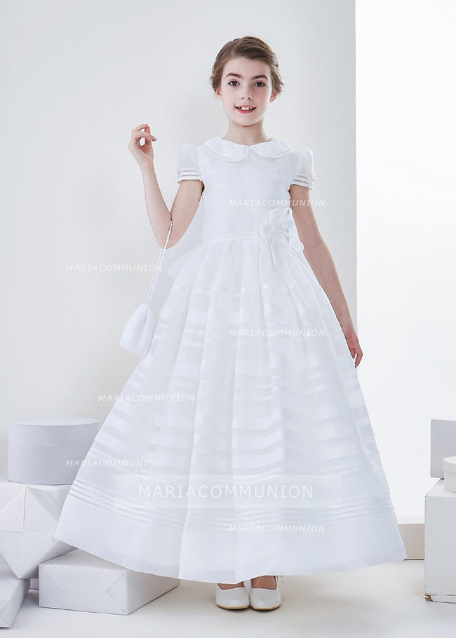 Jewel Neck Short Sleeve A-Line Organza First Communion Dress With Bows ...