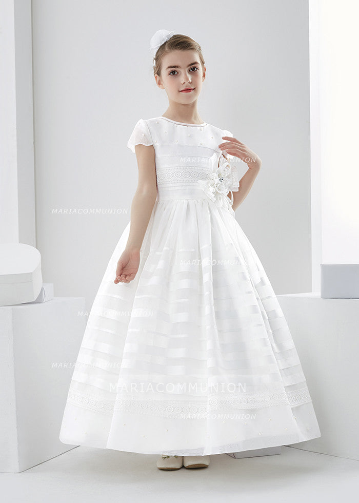 Scalloped Short Sleeve Ball Gown Organza First Communion Dress With Be ...