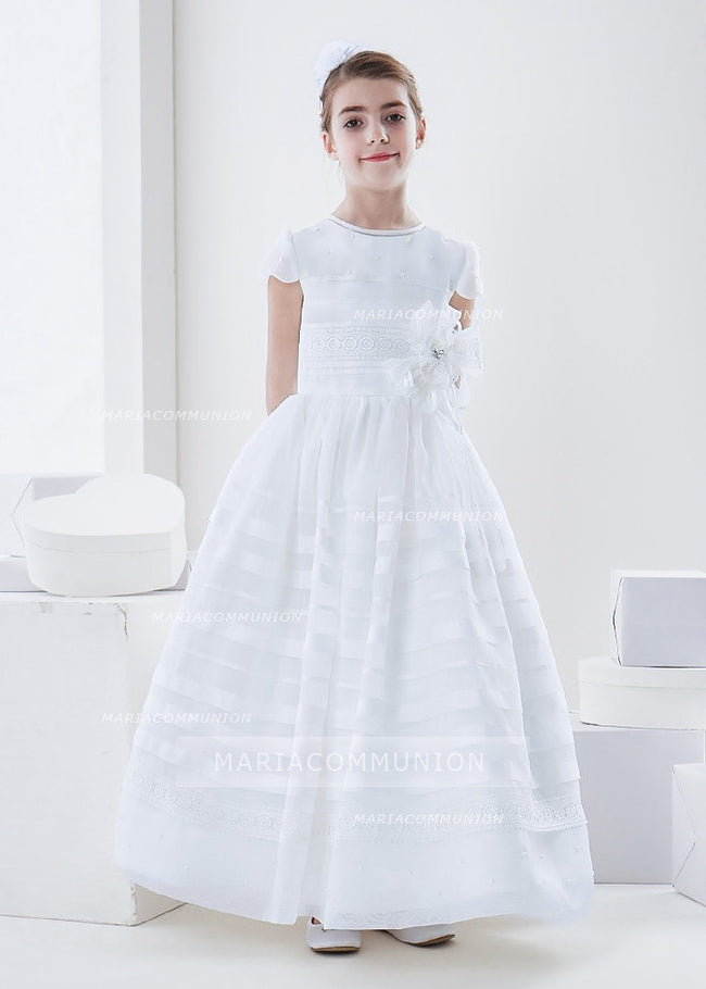 Scalloped Short Sleeve Ball Gown Organza First Communion Dress With Be ...