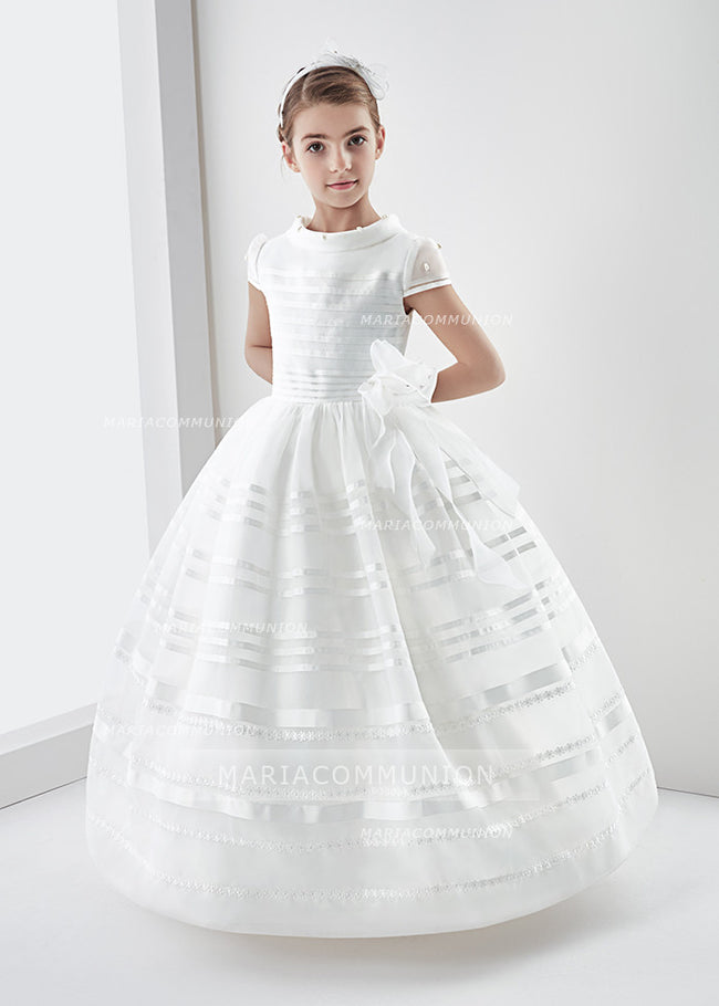 Short Sleeve Ball Gown Organza Long First Communion Dress With Beading ...