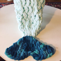 Green and blue mermaid fish tail in chenille yarn