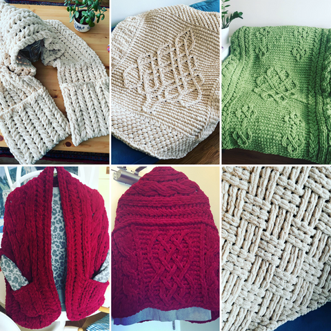 Collage image of different loop yarn knitting projects