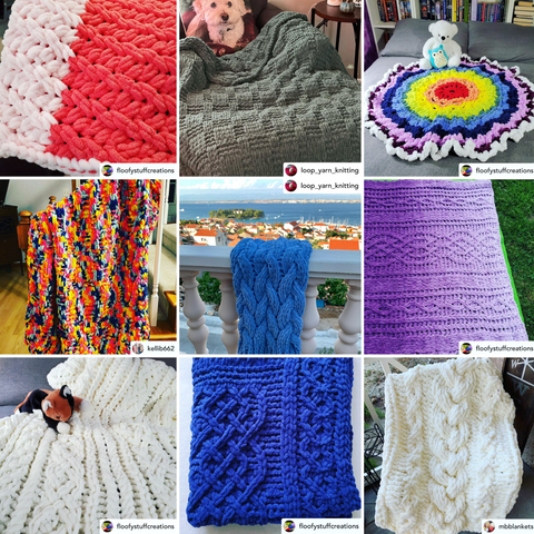 Collage image of loop yarn knitting projects