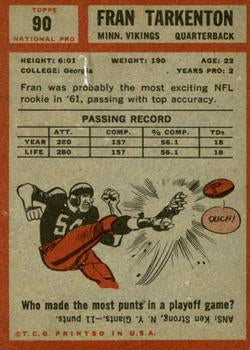 1962 Topps #90 FRAN TARKENTON Rookie Reprint Card MINNESOTA