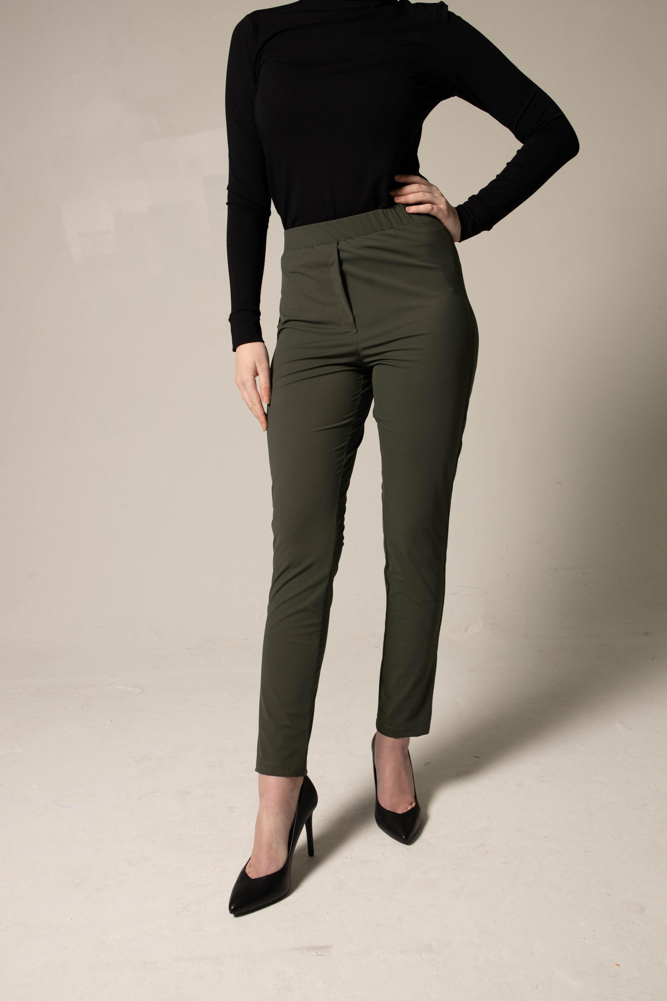 Olive Toned Leghigh Waist Navy Blue Pencil Pants For Women