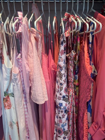 Colour coding helps with wardrobe de-cluttering. This is my line-up of pink Summer dresses