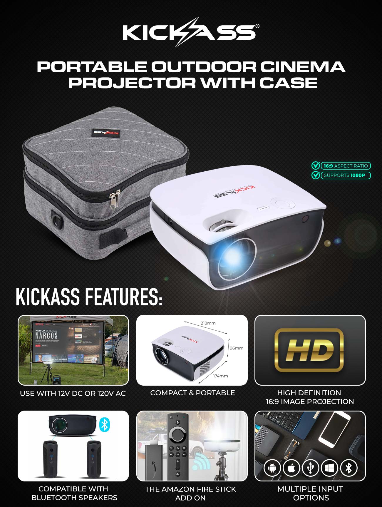 KickAss 12V Portable Outdoor Cinema Projector